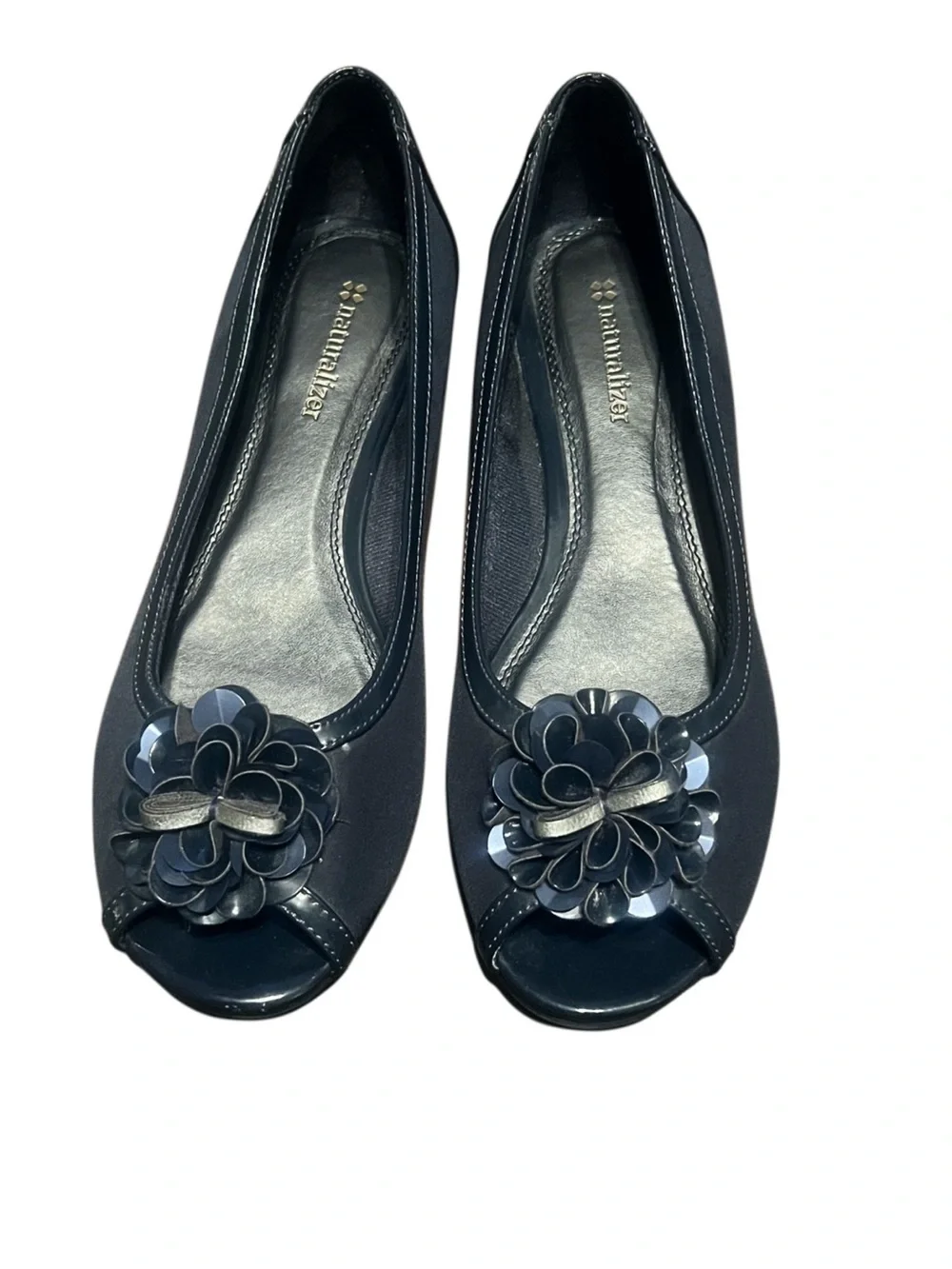 Naturalizer Navy Peep-Toe Ballet Flat with Decorative Flower Sz 8